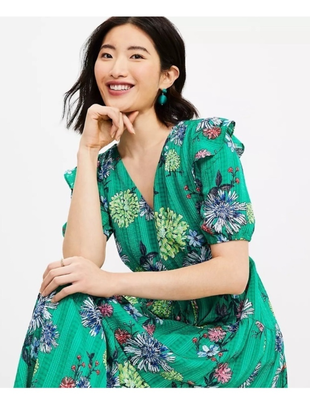 LOFT Emerald Green Floral Tie-Front Midi Dress